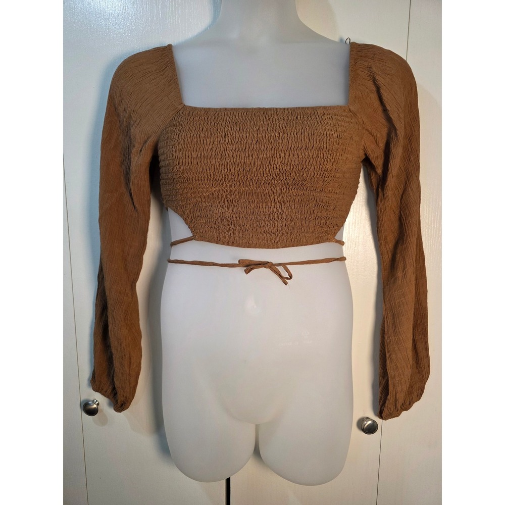 12th Tribe Brown Smocked Wrap Tie Crop Top Long Sleeve Small boho festival Indie - Picture 2 of 6
